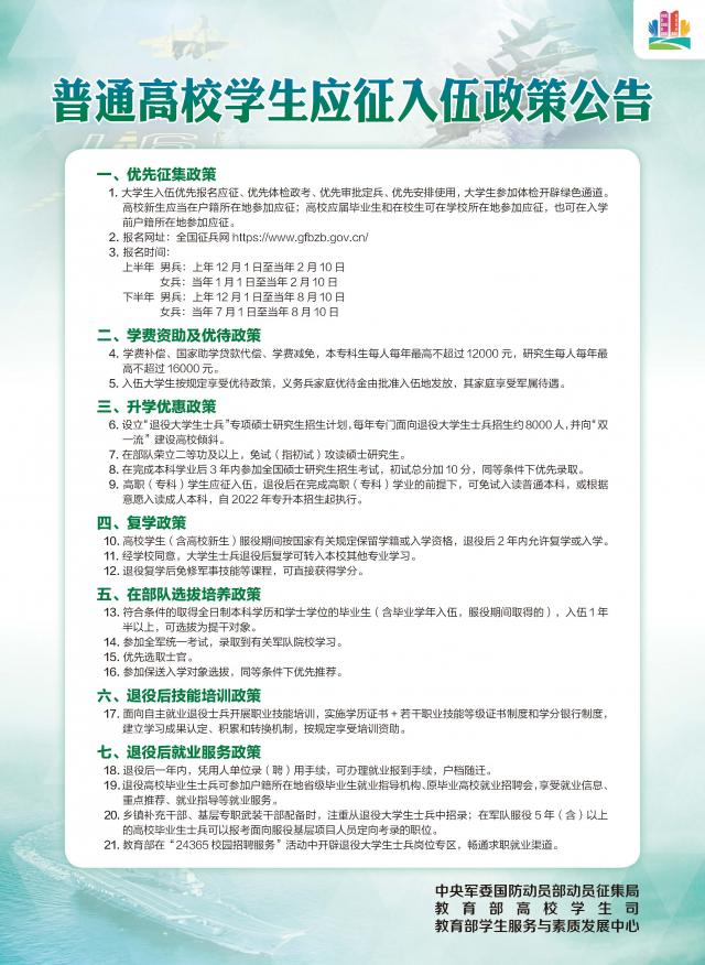 普通高校学生应征入伍政策公告